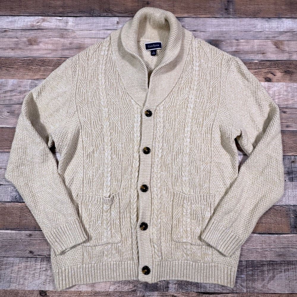 Club Room Mens Cardigan Sweater Shawl Collar Cable Knit Beige Large‎ Cotton